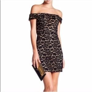 City Triangles Off The Shoulder Lace Overlay Mini Dress Black/Nude Sz 5